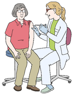 Bild auf dem eine Frau von einer Ärztin geimpft wird.