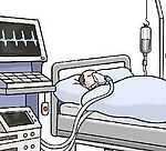 Bild von einem Mann im Bett eines Krankenhauses, der mit einem Beatmungsgerät, beatmet wird.