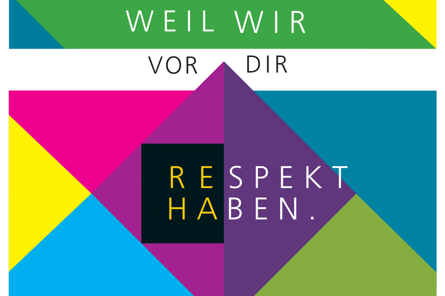 Das Bild zeigt die Farben des Logos der reha gmbh und zeigt den Schriftzug "Weil wir vor die Respekt haben".
