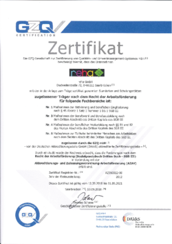 Das Bild zeigt das Zertifikat AZAV gem. DIN EN ISO 9001:2015