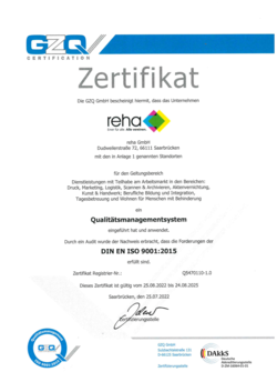 Das Bild zeigt das Zertifikat nach DIN EN ISO 9001:2015