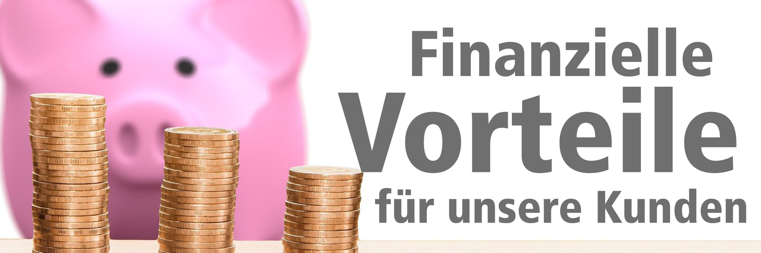 Das Bild zeigt Geld und ein Sparschwein und einen Schriftzug mit "finanzielle Vorteile für unsere Kunden".